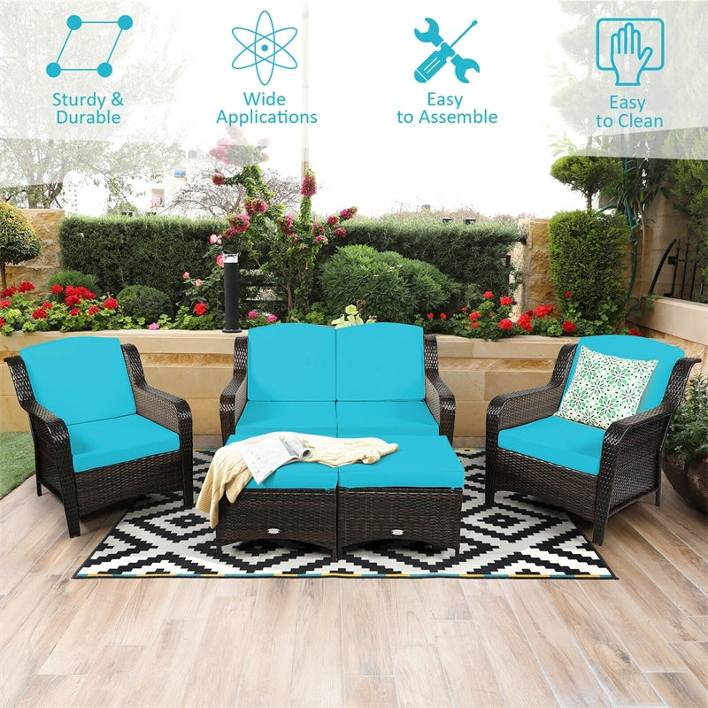 5 Piece Patio Rattan Furniture Set with Loveseat, 2 Cushioned Chairs & 2 Ottomans, Outdoor Wicker Conversation Set for Backyard, Balcony