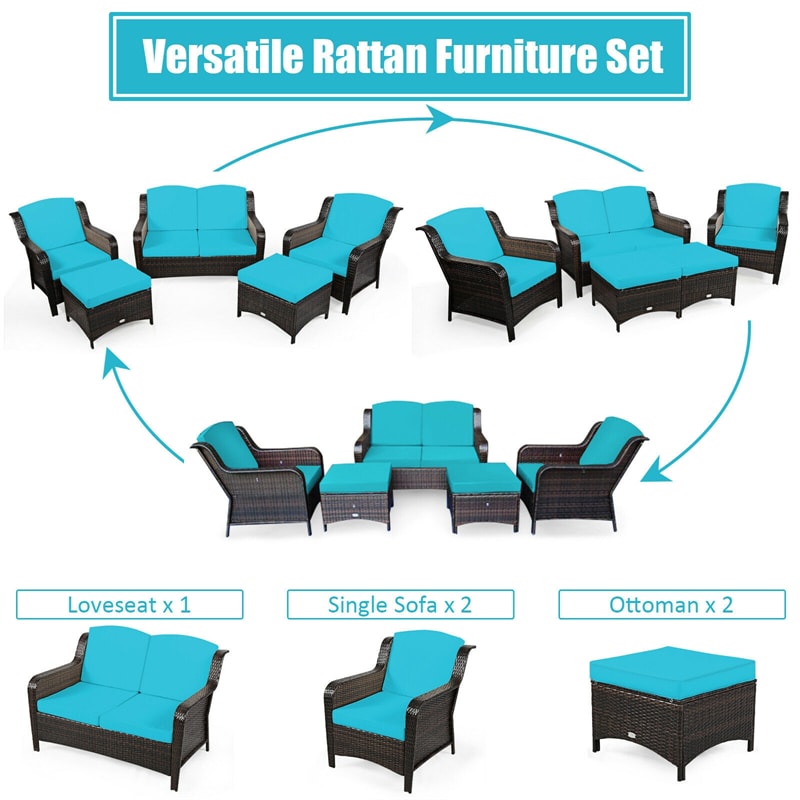 5 Piece Patio Rattan Furniture Set with Loveseat, 2 Cushioned Chairs & 2 Ottomans, Outdoor Wicker Conversation Set for Backyard, Balcony