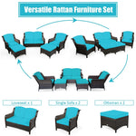 5 Piece Patio Rattan Furniture Set Sectional Sofa Set with Cushions, 2 Ottomans & Loveseat, Outdoor Wicker Conversation Set for Backyard