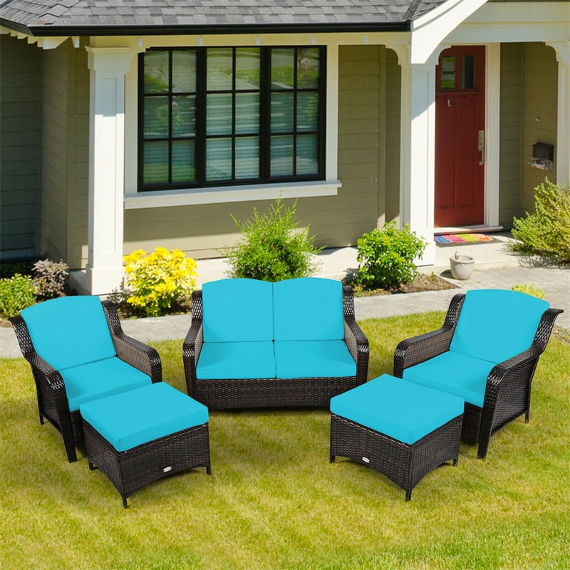 5 Piece Patio Rattan Furniture Set with Loveseat, 2 Cushioned Chairs & 2 Ottomans, Outdoor Wicker Conversation Set for Backyard, Balcony