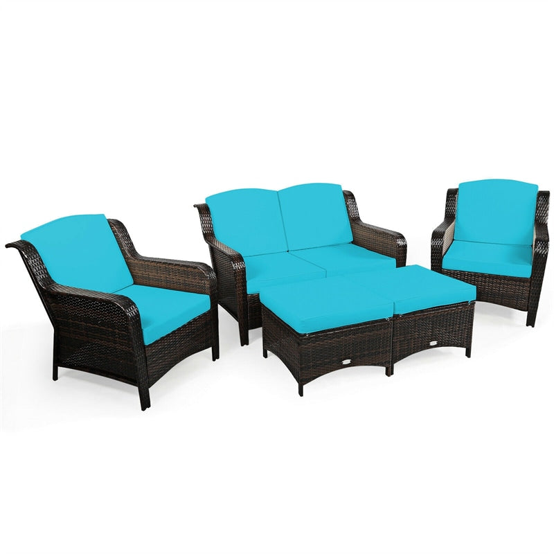 5 Piece Patio Rattan Furniture Set with Loveseat, 2 Cushioned Chairs & 2 Ottomans, Outdoor Wicker Conversation Set for Backyard, Balcony