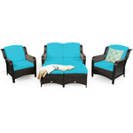 5 Piece Patio Rattan Furniture Set with Loveseat, 2 Cushioned Chairs & 2 Ottomans, Outdoor Wicker Conversation Set for Backyard, Balcony