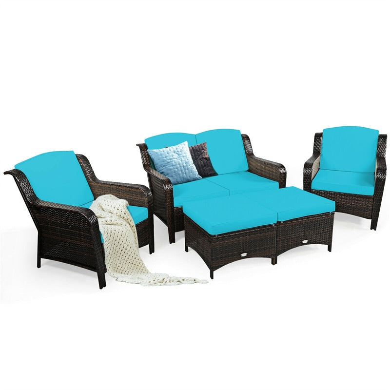 5 Piece Patio Rattan Furniture Set with Loveseat, 2 Cushioned Chairs & 2 Ottomans, Outdoor Wicker Conversation Set for Backyard, Balcony