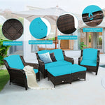 5 Piece Patio Rattan Furniture Set with Loveseat, 2 Cushioned Chairs & 2 Ottomans, Outdoor Wicker Conversation Set for Backyard, Balcony