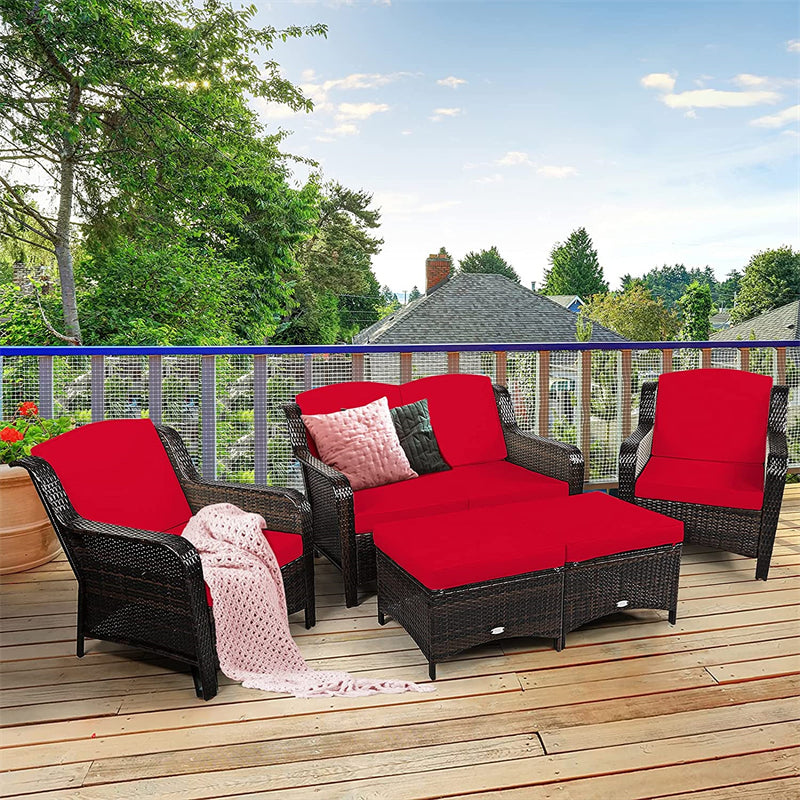 5 Piece Patio Rattan Furniture Set with Loveseat, 2 Cushioned Chairs & 2 Ottomans, Outdoor Wicker Conversation Set for Backyard, Balcony