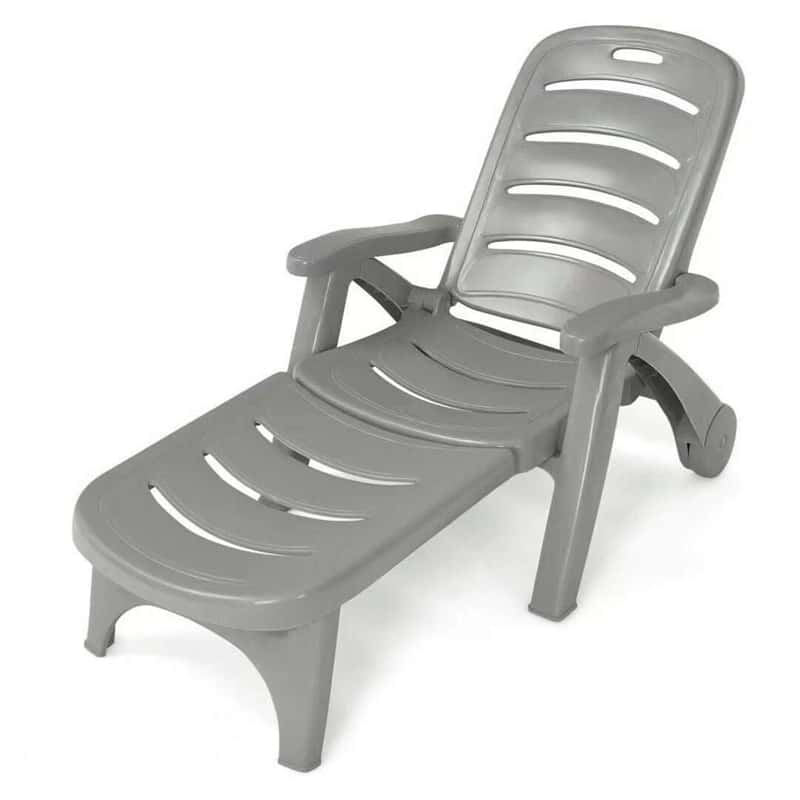 Folding Outdoor Chaise Lounge Chair 5 Position Adjustable Reclining Poolside Deck Lounger with Wheels