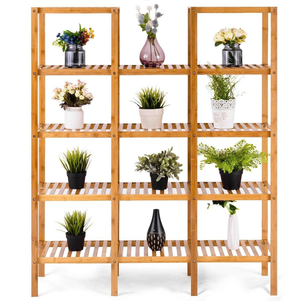 5 Tier Multifunctional Bamboo Shelf Rock Plant Display Stand (12 Pots) - Bestoutdor