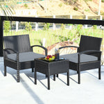 3-Piece Rattan Patio Conversation Set Wicker Bistro Furniture Set Cushioned Sofa Deck