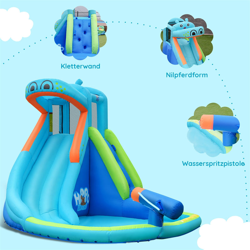 Hippo Theme Inflatable Bounce House Water Slide Indoor Outdoor Blow Up Waterslide Park with Climbing Wall, Splash Pool & Carry Bag