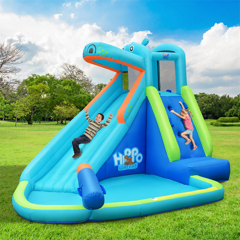 Hippo Theme Inflatable Bounce House Water Slide Indoor Outdoor Blow Up Waterslide Park with Climbing Wall, Splash Pool & Carry Bag