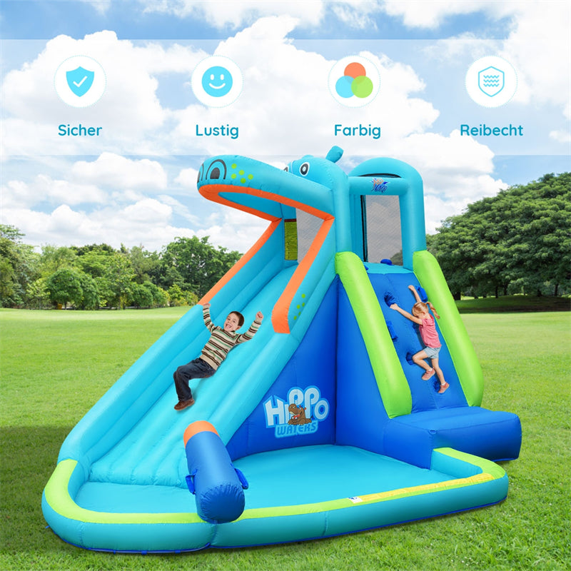 Hippo Theme Inflatable Bounce House Water Slide Indoor Outdoor Blow Up Waterslide Park with Climbing Wall, Splash Pool & Carry Bag