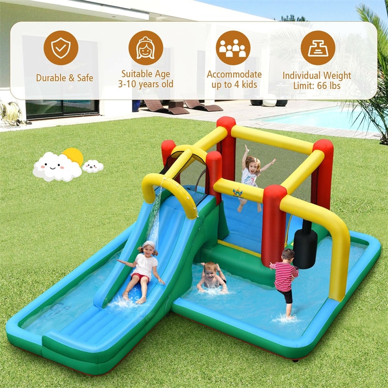 Inflatable Water Slide 6 in 1 Giant Jumping Bounce House Splash Pool Water Park with Crawling Tunnel, Pendulum for Kids Backyard Fun