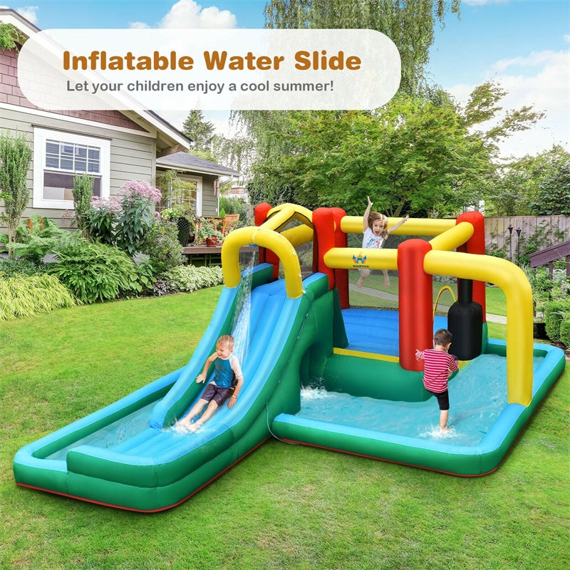 Inflatable Water Slide 6 in 1 Giant Jumping Bounce House Splash Pool Water Park with Crawling Tunnel, Pendulum for Kids Backyard Fun