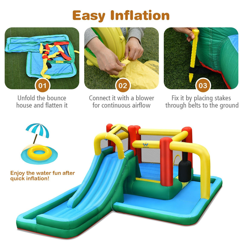 Inflatable Water Slide 6 in 1 Giant Jumping Bounce House Splash Pool Water Park with Crawling Tunnel, Pendulum for Kids Backyard Fun