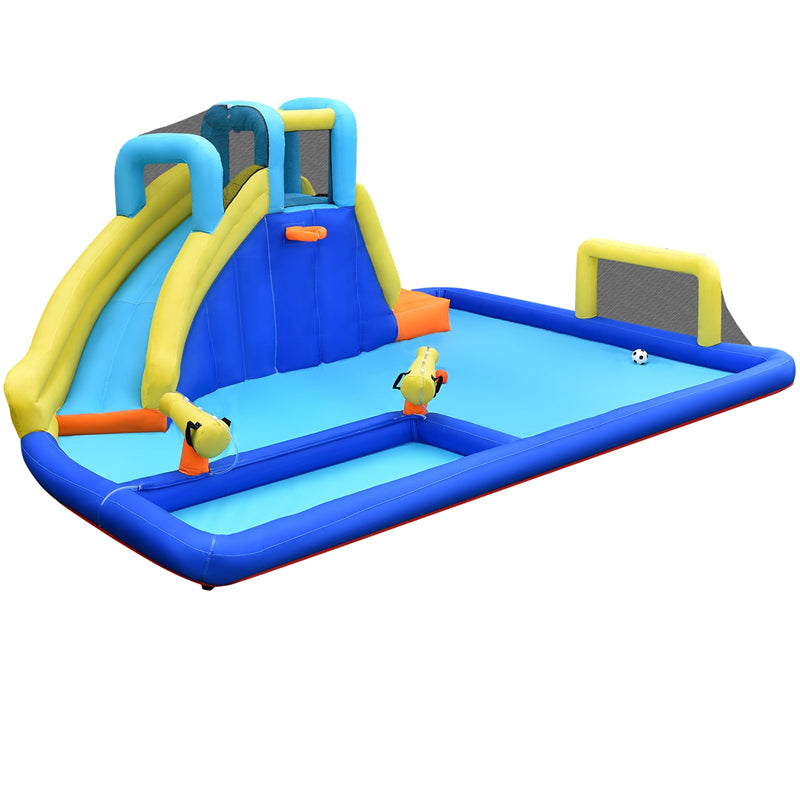 Inflatable Water Slide 6-in-1 Kids Giant Waterslide Park with Climbing Wall, Dual Water Cannons, Soccer Goal, Splash Pool without Blower