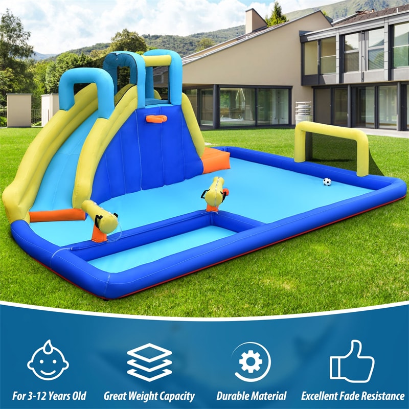 Inflatable Water Slide 6-in-1 Kids Giant Waterslide Park with Climbing Wall, Dual Water Cannons, Soccer Goal, Splash Pool without Blower