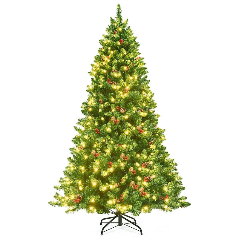 6.5FT Pre-Lit Hinged Christmas Tree with 450 LED Lights, Pine Cones, Red Berries, 1100 Branch Tips & Sturdy Metal Stand for Holiday Home Decor