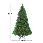 6.5FT Pre-Lit Hinged Christmas Tree with 450 LED Lights, Pine Cones, Red Berries, 1100 Branch Tips & Sturdy Metal Stand for Holiday Home Decor