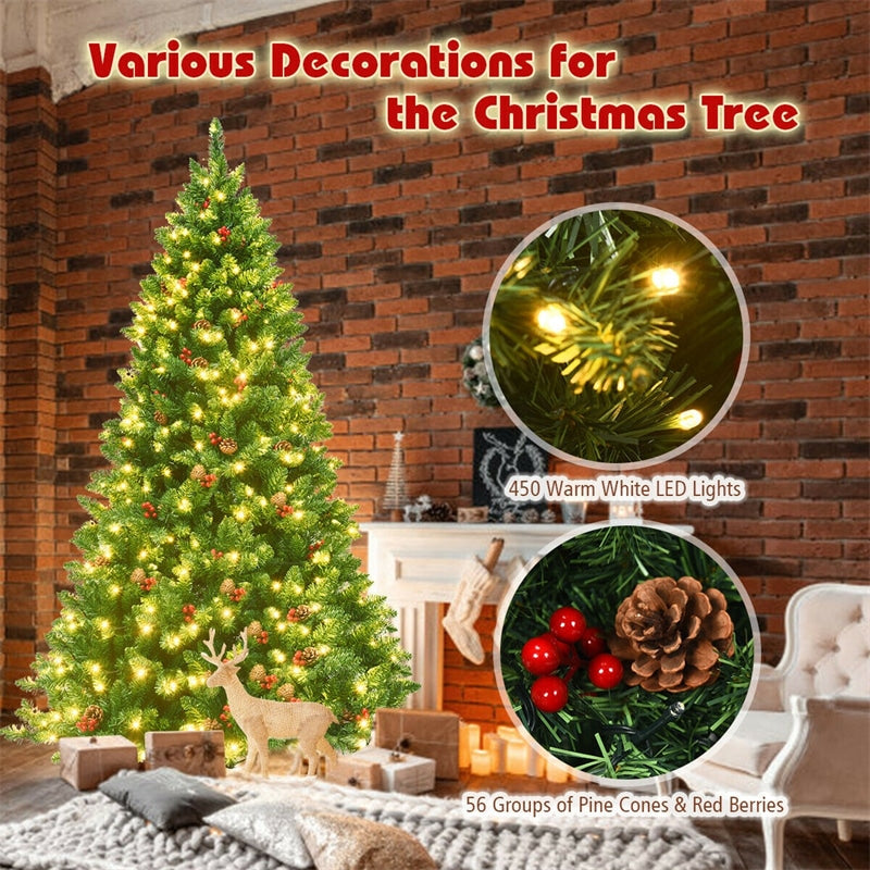 6.5FT Pre-Lit Hinged Christmas Tree with 450 LED Lights, Pine Cones, Red Berries, 1100 Branch Tips & Sturdy Metal Stand for Holiday Home Decor