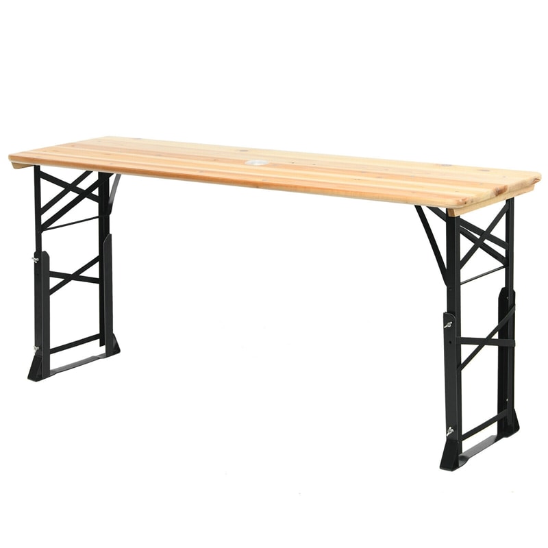 66.5 Inch Outdoor Wood Folding Picnic Table Adjustable Height Beer Table with Umbrella Hole