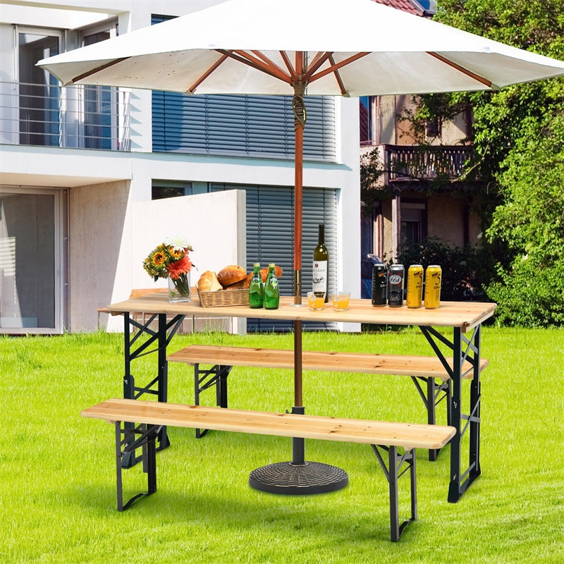 66.5 Inch Outdoor Wood Folding Picnic Table Adjustable Height Beer Table with Umbrella Hole