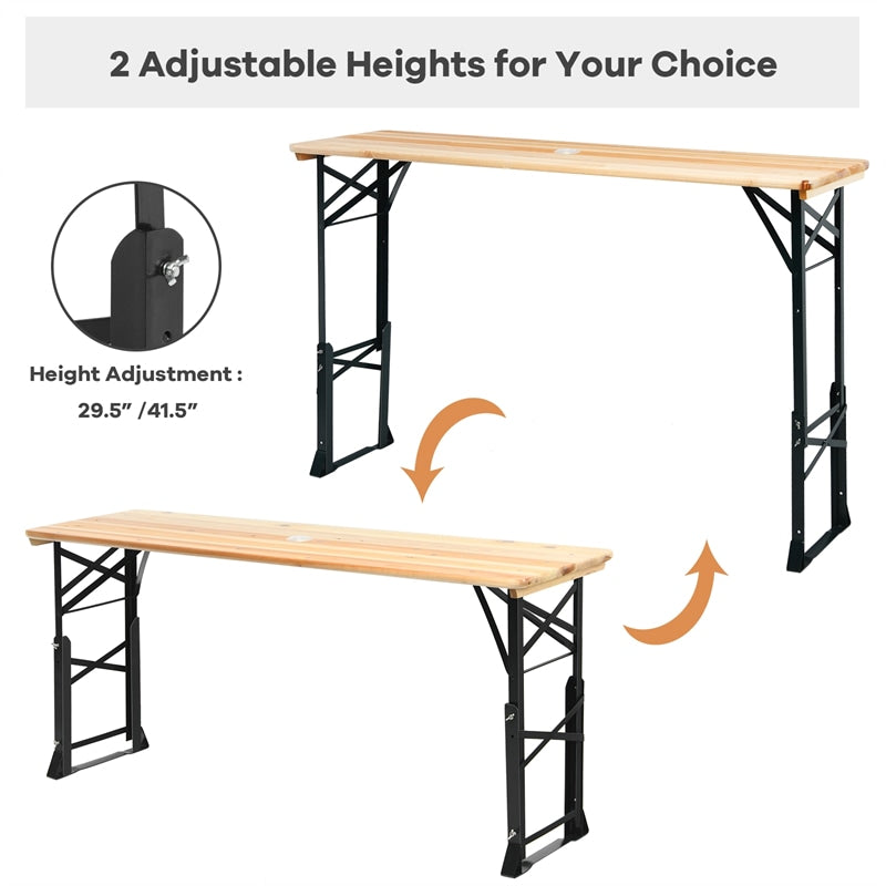 66.5 Inch Outdoor Wood Folding Picnic Table Adjustable Height Beer Table with Umbrella Hole