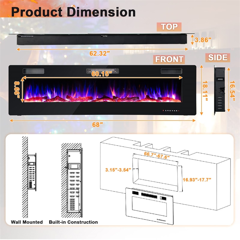 68 Inch Ultra-Thin Electric Fireplace Insert Recessed Wall Mounted Fireplace with Remote Control Crystal Log Decoration Adjustable Flame Effect