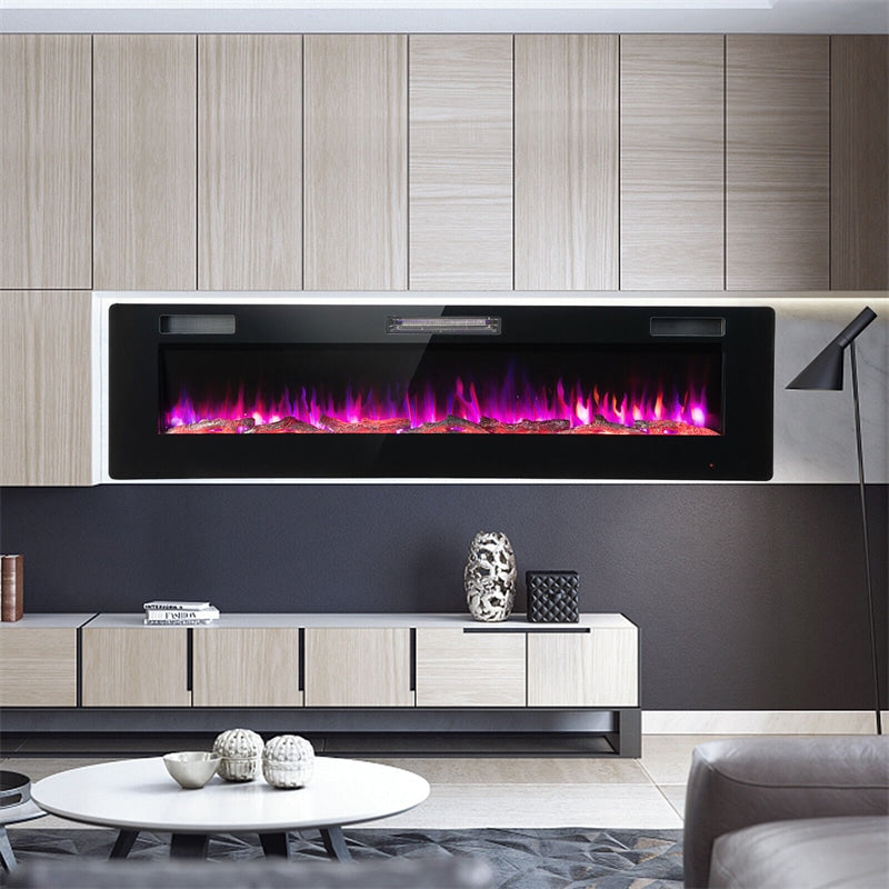 68 Inch Ultra-Thin Electric Fireplace Insert Recessed Wall Mounted Fireplace with Remote Control Crystal Log Decoration Adjustable Flame Effect