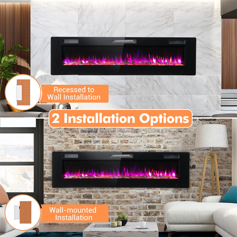 68 Inch Ultra-Thin Electric Fireplace Insert Recessed Wall Mounted Fireplace with Remote Control Crystal Log Decoration Adjustable Flame Effect