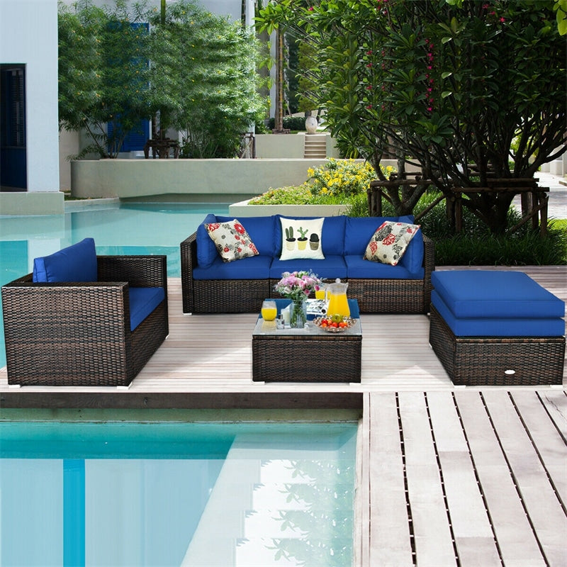 6PCS Rattan Outdoor Sectional Set, Patio Wicker Sofa with Cushions, Glass Coffee Table & Ottoman for Garden Backyard Lounge Conversation