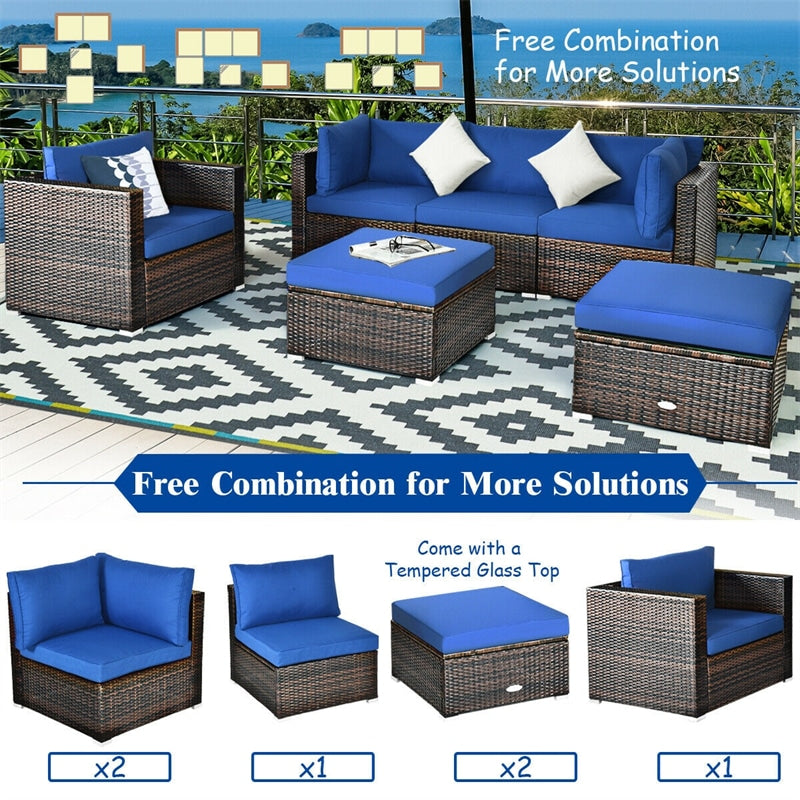 6PCS Rattan Patio Sectional Furniture Set with Glass Side Table, Ottoman & Cushions, Wicker Outdoor Sofa Seating Group for Garden Yard