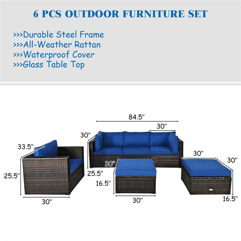 6PCS Rattan Outdoor Sectional Set, Patio Wicker Sofa with Cushions, Glass Coffee Table & Ottoman for Garden Backyard Lounge Conversation