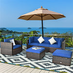 6PCS Rattan Outdoor Sectional Set, Patio Wicker Sofa with Cushions, Glass Coffee Table & Ottoman for Garden Backyard Lounge Conversation