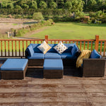 6PCS Rattan Outdoor Sectional Set, Patio Wicker Sofa with Cushions, Glass Coffee Table & Ottoman for Garden Backyard Lounge Conversation