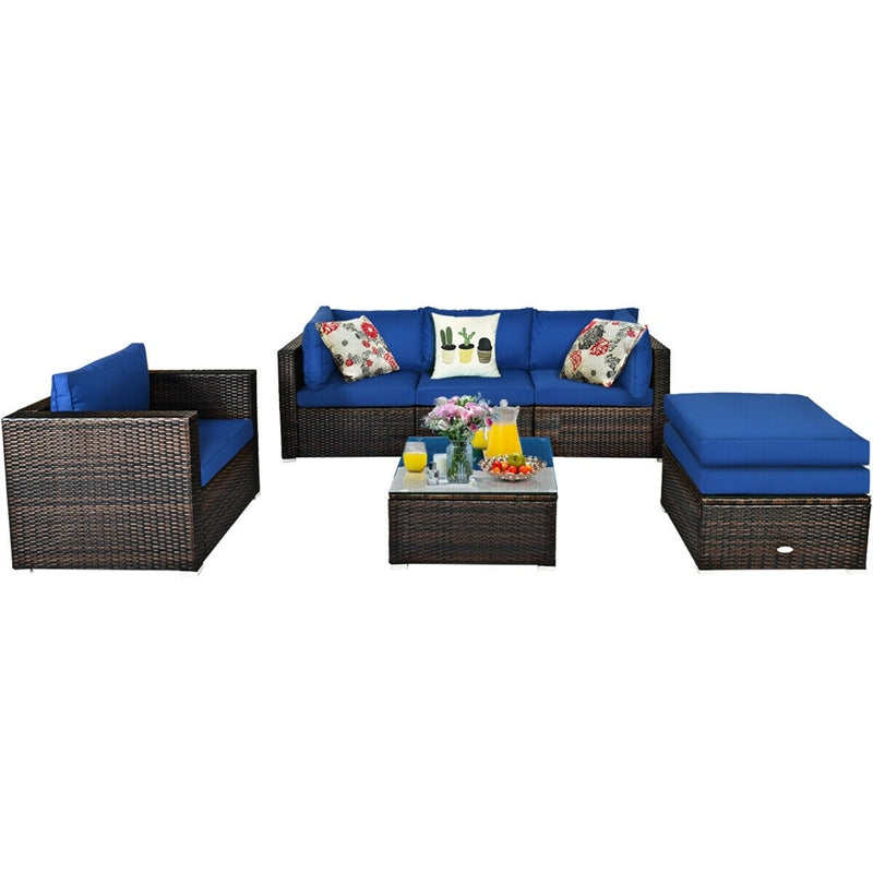 6PCS Rattan Outdoor Sectional Set, Patio Wicker Sofa with Cushions, Glass Coffee Table & Ottoman for Garden Backyard Lounge Conversation