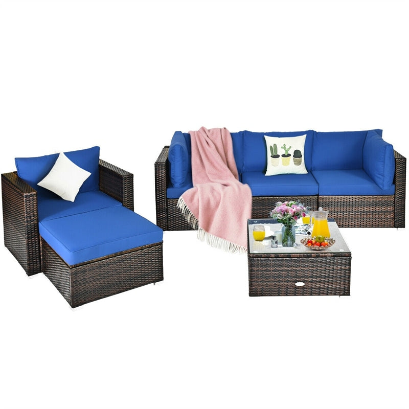 6PCS Rattan Outdoor Sectional Set, Patio Wicker Sofa with Cushions, Glass Coffee Table & Ottoman for Garden Backyard Lounge Conversation