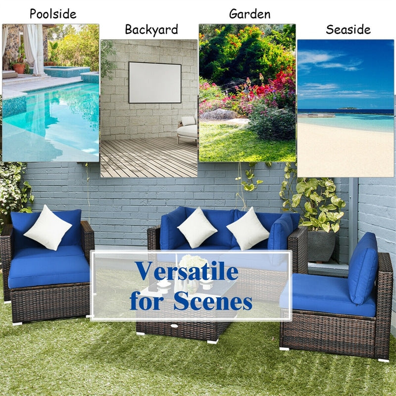 6PCS Rattan Outdoor Sectional Set, Patio Wicker Sofa with Cushions, Glass Coffee Table & Ottoman for Garden Backyard Lounge Conversation