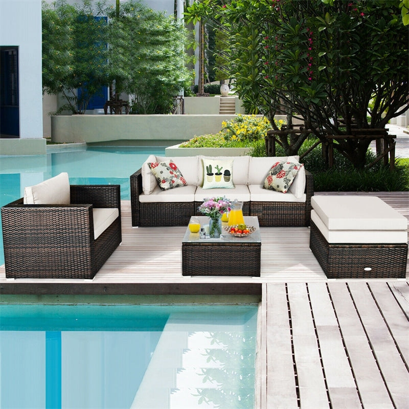 6PCS Rattan Patio Sectional Furniture Set with Glass Side Table, Ottoman & Cushions, Wicker Outdoor Sofa Seating Group for Garden Yard