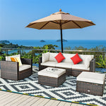 6PCS Rattan Outdoor Sectional Set, Patio Wicker Sofa with Cushions, Glass Coffee Table & Ottoman for Garden Backyard Lounge Conversation