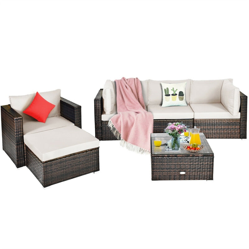 6PCS Rattan Outdoor Sectional Set, Patio Wicker Sofa with Cushions, Glass Coffee Table & Ottoman for Garden Backyard Lounge Conversation