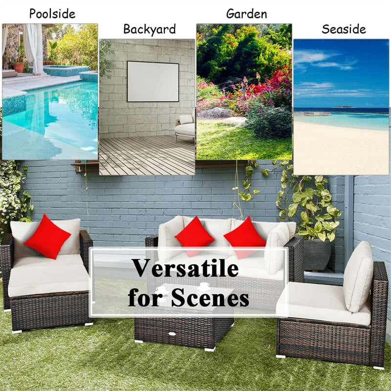 6PCS Rattan Outdoor Sectional Set, Patio Wicker Sofa with Cushions, Glass Coffee Table & Ottoman for Garden Backyard Lounge Conversation