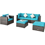 6PCS Rattan Outdoor Sectional Set, Patio Wicker Sofa with Cushions, Glass Coffee Table & Ottoman for Garden Backyard Lounge Conversation