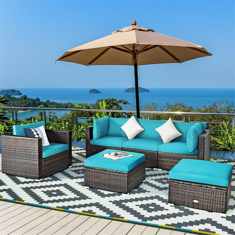 6PCS Rattan Outdoor Sectional Set, Patio Wicker Sofa with Cushions, Glass Coffee Table & Ottoman for Garden Backyard Lounge Conversation