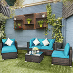 6PCS Rattan Outdoor Sectional Set, Patio Wicker Sofa with Cushions, Glass Coffee Table & Ottoman for Garden Backyard Lounge Conversation