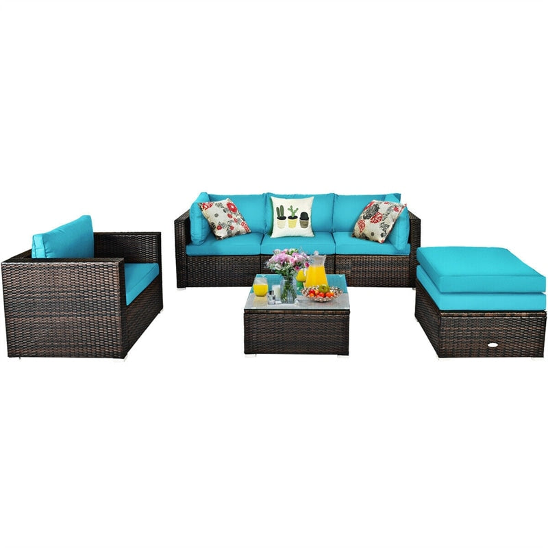 6PCS Rattan Outdoor Sectional Set, Patio Wicker Sofa with Cushions, Glass Coffee Table & Ottoman for Garden Backyard Lounge Conversation