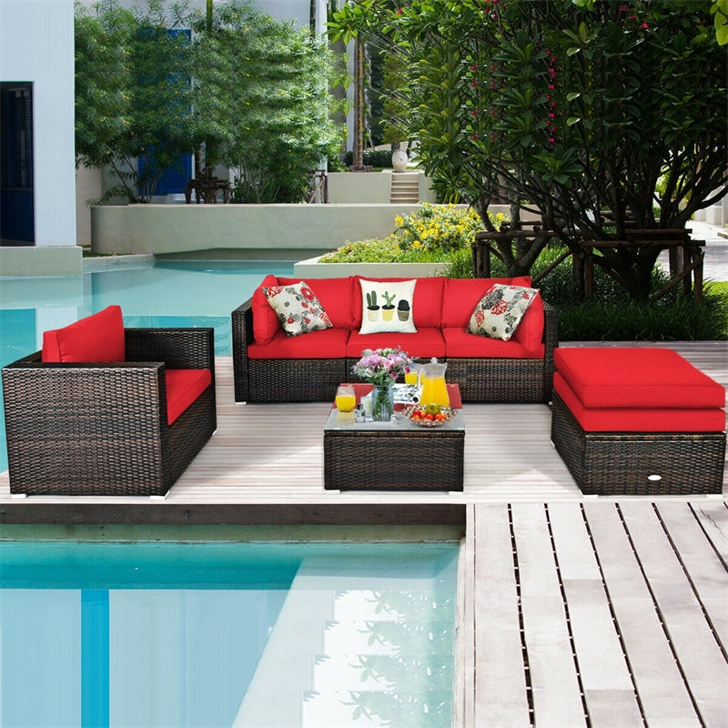 6PCS Rattan Outdoor Sectional Set, Patio Wicker Sofa with Cushions, Glass Coffee Table & Ottoman for Garden Backyard Lounge Conversation