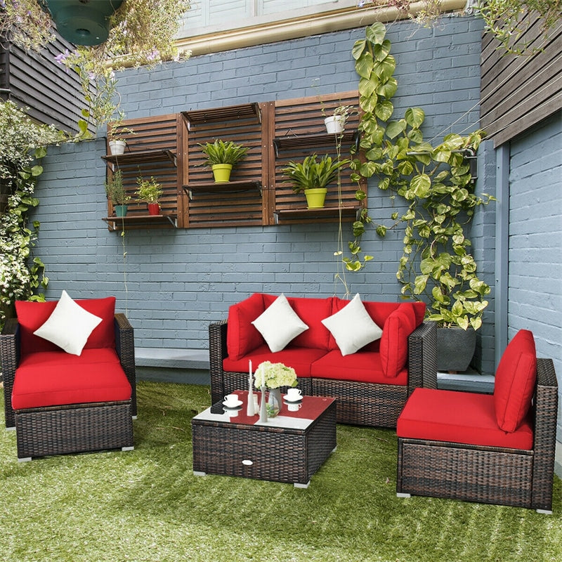 6PCS Rattan Outdoor Sectional Set, Patio Wicker Sofa with Cushions, Glass Coffee Table & Ottoman for Garden Backyard Lounge Conversation