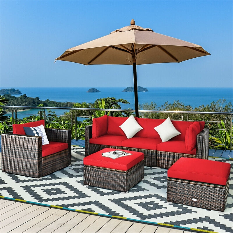 6PCS Rattan Outdoor Sectional Set, Patio Wicker Sofa with Cushions, Glass Coffee Table & Ottoman for Garden Backyard Lounge Conversation