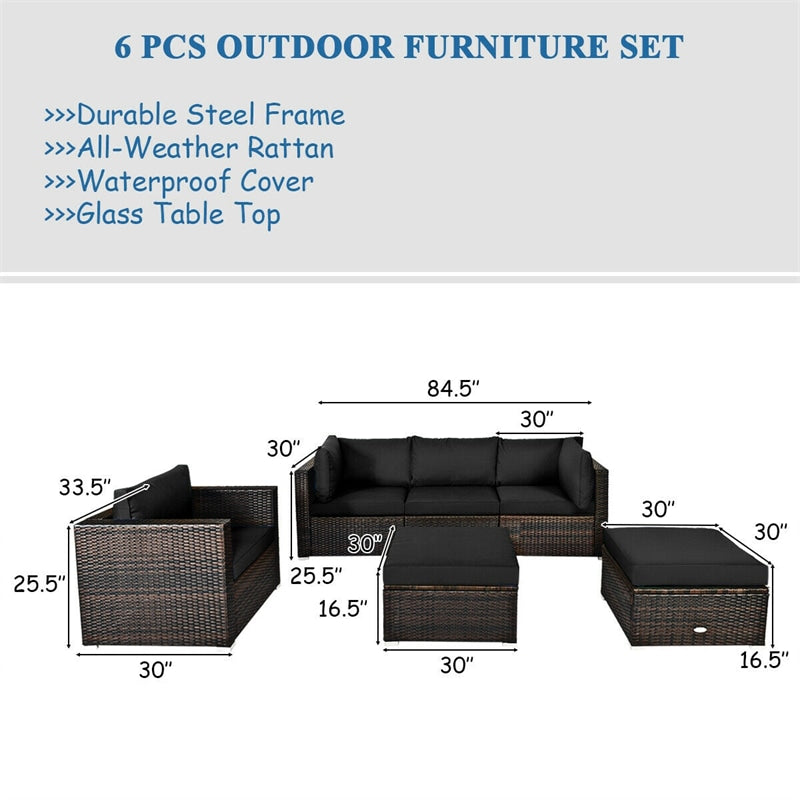 6PCS Rattan Outdoor Sectional Set, Patio Wicker Sofa with Cushions, Glass Coffee Table & Ottoman for Garden Backyard Lounge Conversation