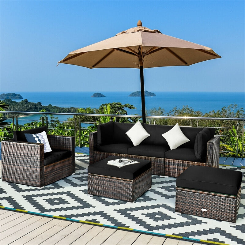 6PCS Rattan Outdoor Sectional Set, Patio Wicker Sofa with Cushions, Glass Coffee Table & Ottoman for Garden Backyard Lounge Conversation